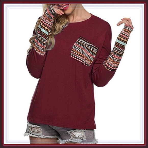 Geo Print Cuff Pocket Top Burgundy - Picture 8 of 8